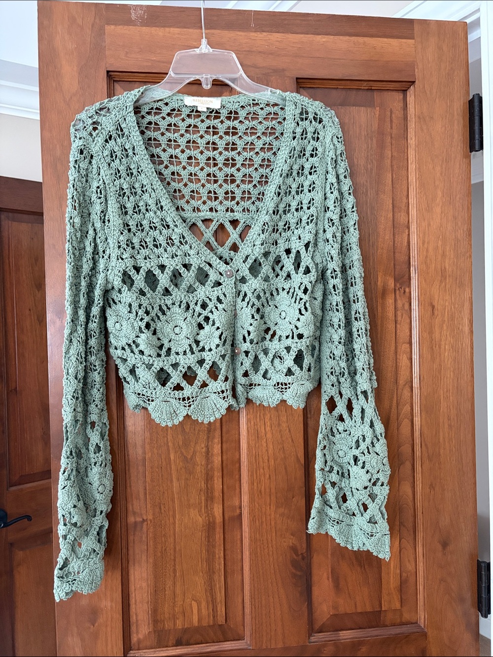 Rebellion Sage Green Crochet Knit Cropped Sweater